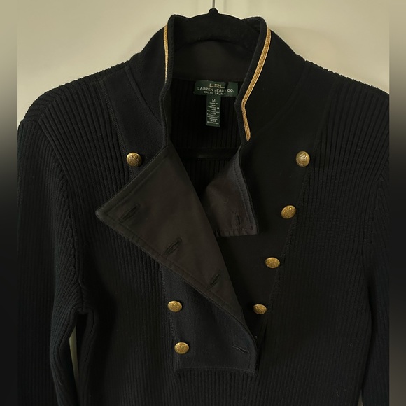 Lauren Ralph Lauren Midi Black Knit Sweater Dress High Collar Gold Accents Sz M - Picture 6 of 11